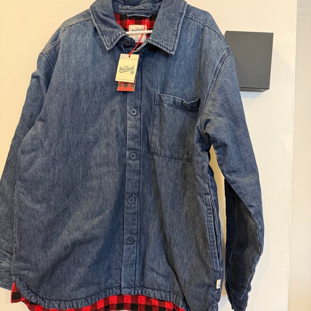 Adult Denim Shacket - Woolrich Dark Wash Denim  lined, collard neck, cotton